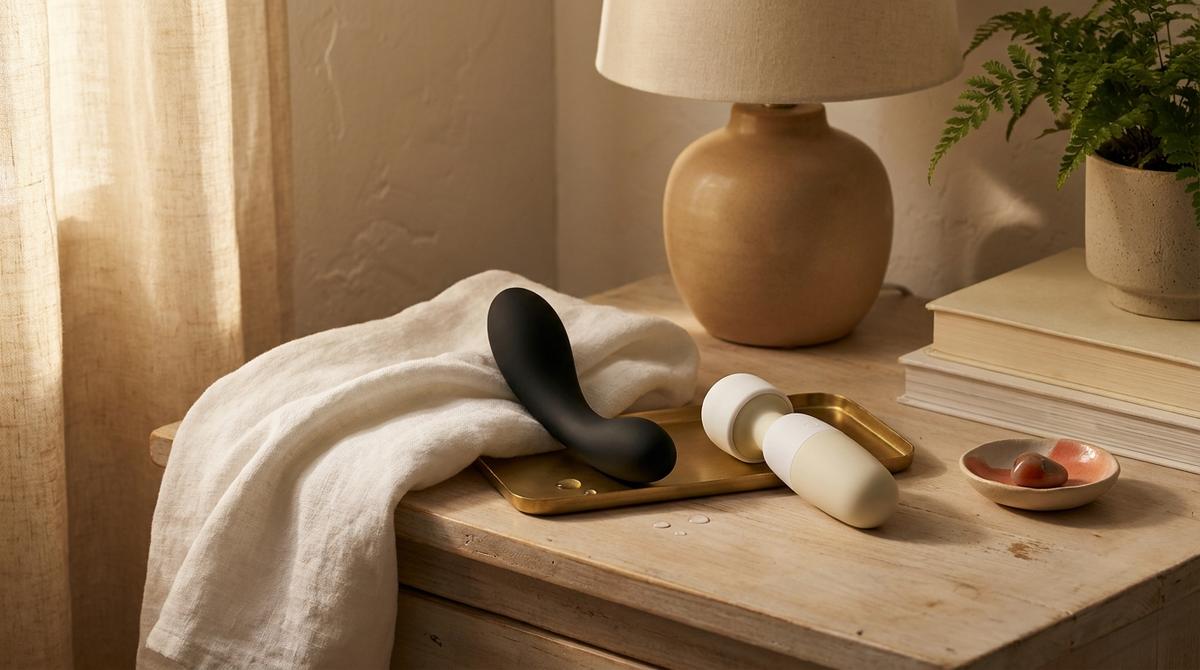 A matte black Tantus silicone massager and a white Magic Wand Mini resting on a brass tray on a bedside table, next to a folded linen towel and a small dish.