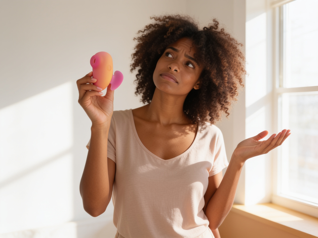 Maya holds the ROMP Kiss clitoral suction vibrator up at eye level, brow furrowed, silently asking whether what she is feeling is normal, warm sunlit pink and coral toned room around her.