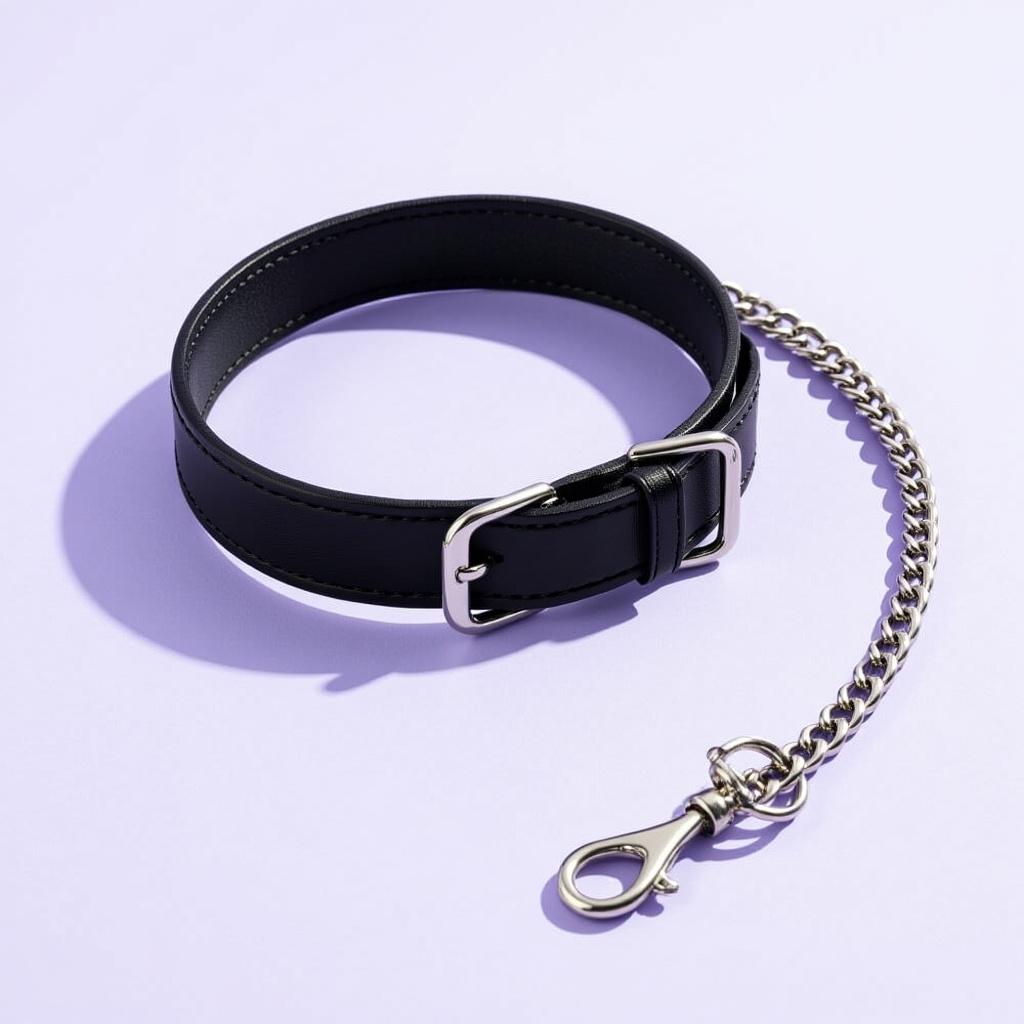 Black leather collar and chain leash on a pale lilac ground