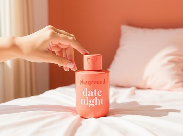 Date Night water-based lubricant bottle standing bold on sunlit white bedding with a hand reaching for it, the couples' first pick in a guide comparing water-based, silicone, and hybrid lube.