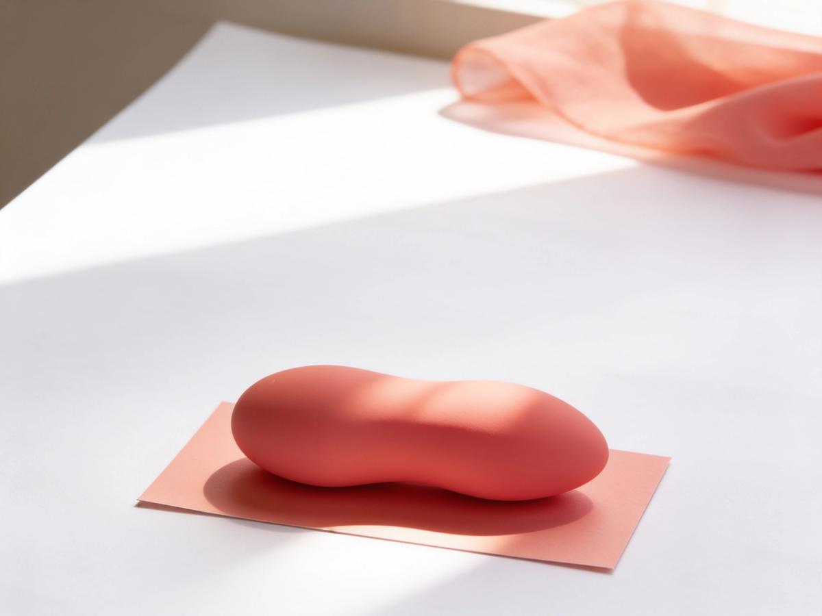 The Rechargeable Silicone We-Vibe Touch X Vibrator in Crave Coral lying flat on a coral paper card over a white paper sheet in warm daylight, a sheer coral fabric fold behind it.