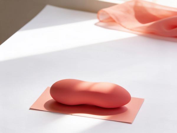 The Rechargeable Silicone We-Vibe Touch X Vibrator in Crave Coral lying flat on a coral paper card over a white paper sheet in warm daylight, a sheer coral fabric fold behind it.