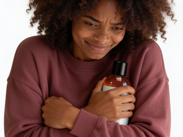 A woman in her early 30s holds a bottle of water-based lubricant close to her chest with both hands, shoulders braced and brow furrowed in a hopeful, apprehensive expression, bright daylight portrait for a Notebook article on why penetration sometimes hurts and what helps.