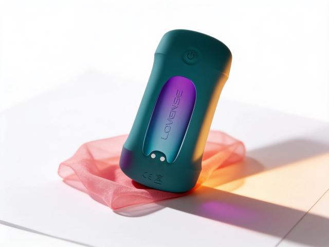 The Lovense Gush 2 Motion, the app-controlled vibrating glans massager, standing on white paper in warm daylight: a deep teal body with a purple-to-aqua gradient inner panel, one fold of coral-pink sheer fabric beneath it.