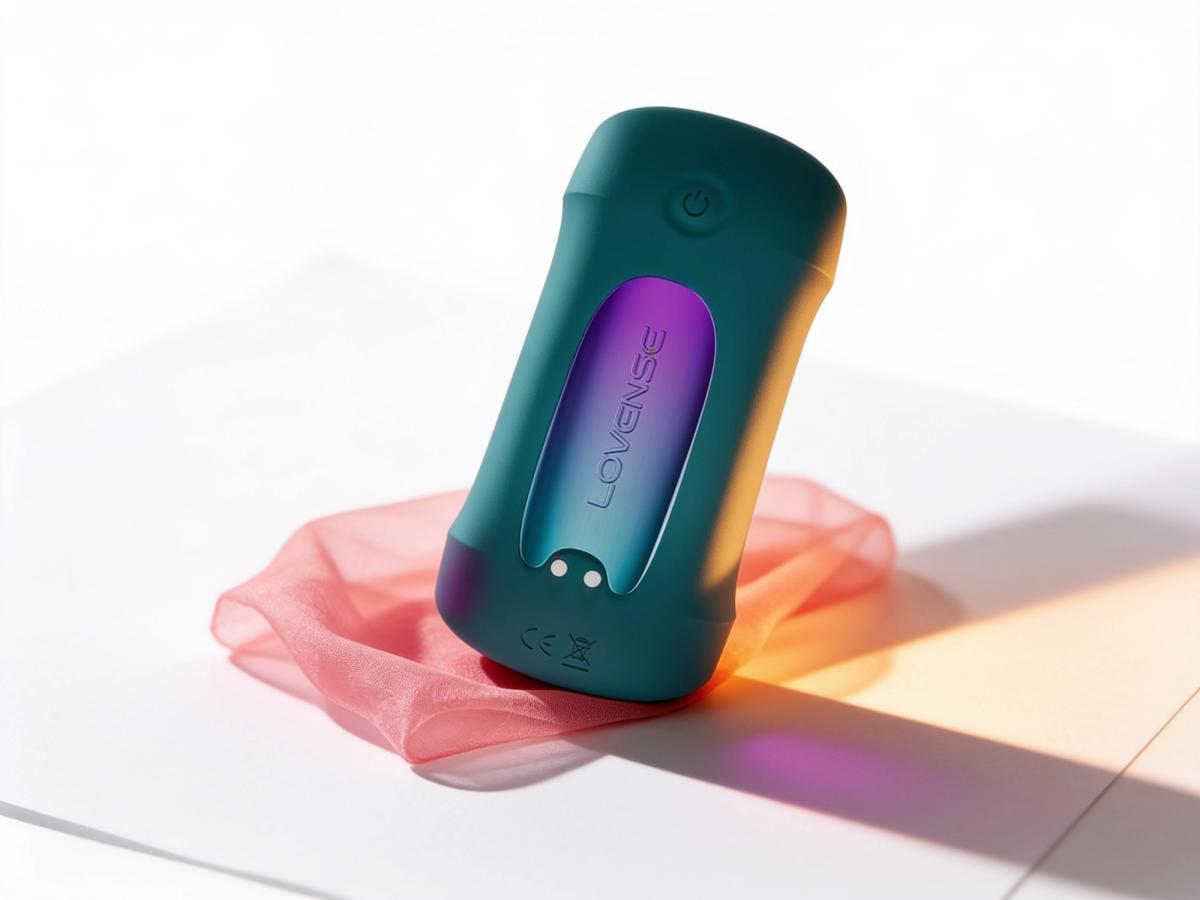 The Lovense Gush 2 Motion, the app-controlled vibrating glans massager, standing on white paper in warm daylight: a deep teal body with a purple-to-aqua gradient inner panel, one fold of coral-pink sheer fabric beneath it.