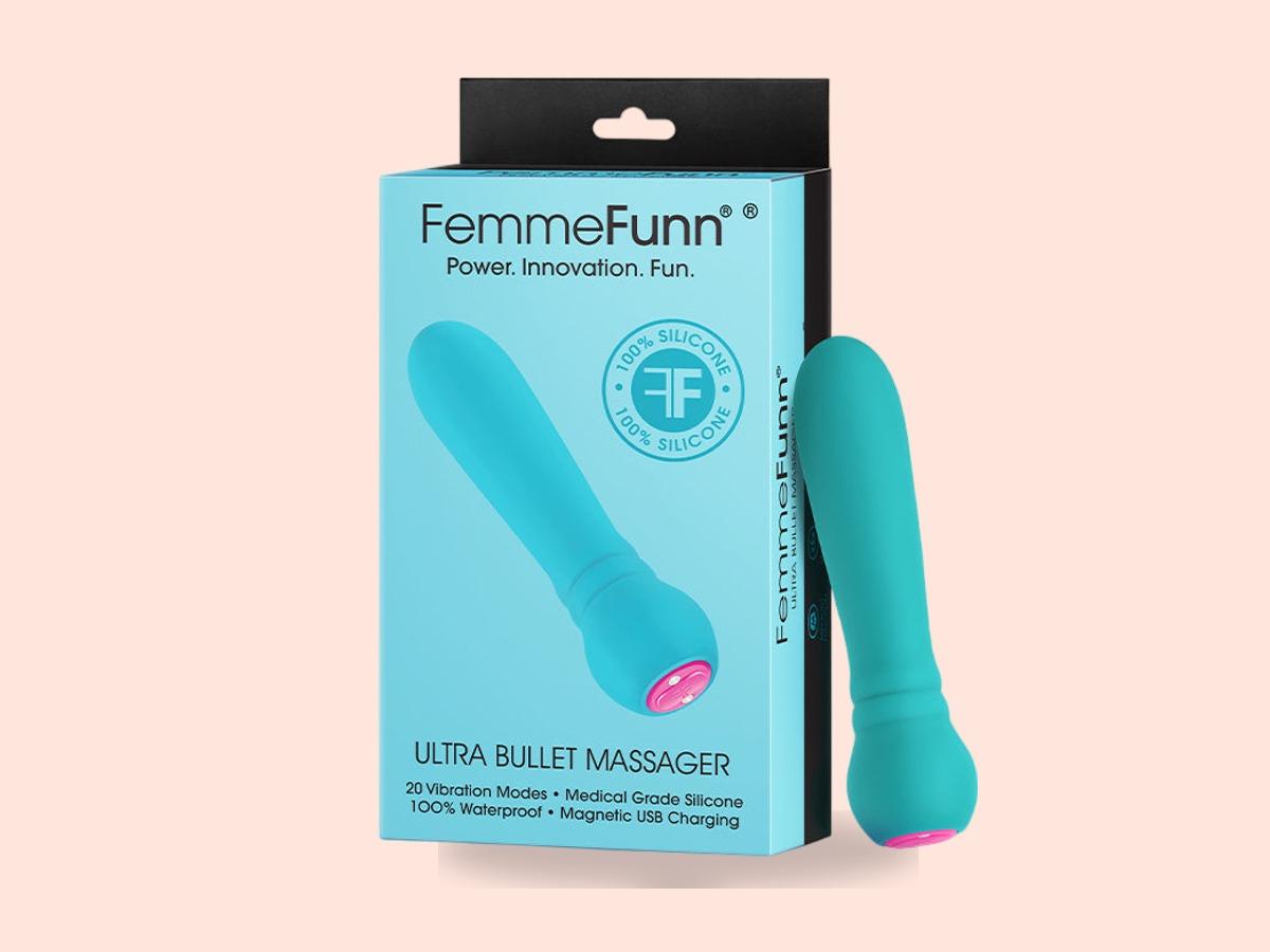 FemmeFunn Ultra Bullet Massager, a teal silicone rechargeable vibrator just 4.3 inches long, shown boxed and unboxed against a soft coral backdrop as a first pick for beginners.