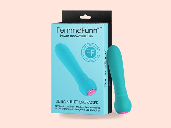 FemmeFunn Ultra Bullet Massager, a teal silicone rechargeable vibrator just 4.3 inches long, shown boxed and unboxed against a soft coral backdrop as a first pick for beginners.