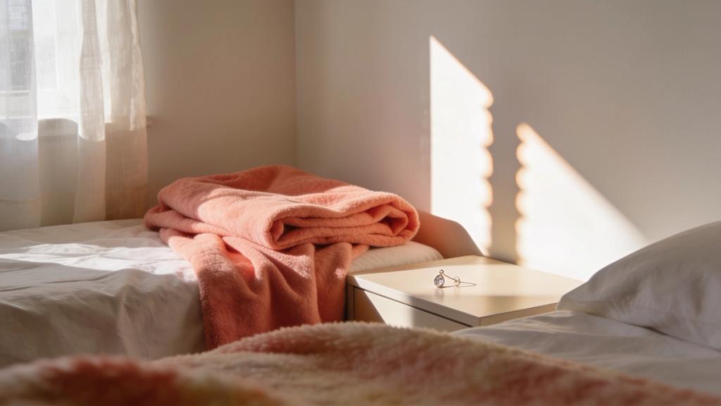 A sunlit bedroom corner with a coral throw blanket and morning light, evoking quiet self-discovery