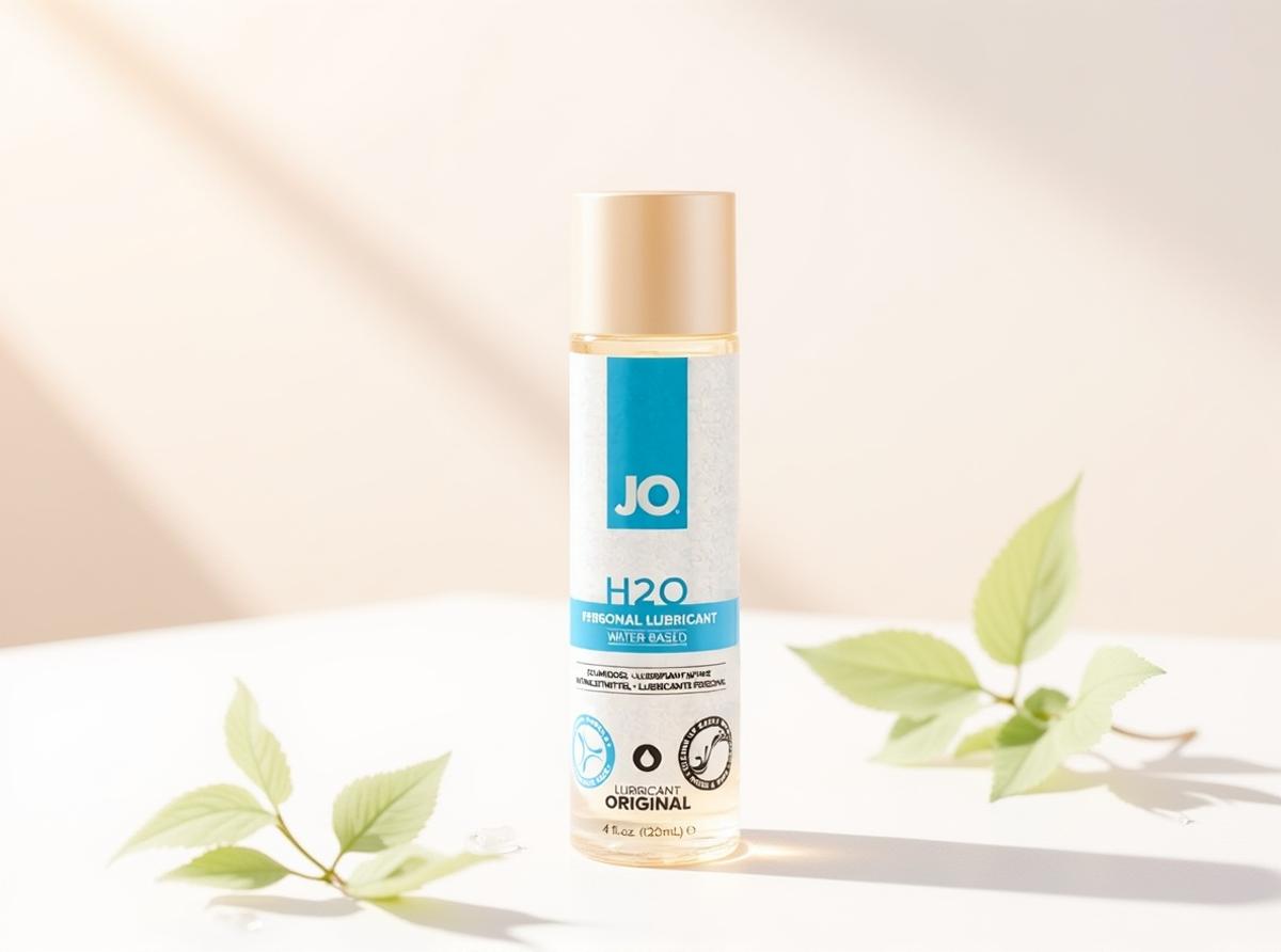 A bottle of JO H2O Original water-based lubricant standing upright in warm daylight on white paper with soft sage-green leaf sprigs and water droplets nearby, evoking gentle cleaning and safe care for silicone toys.