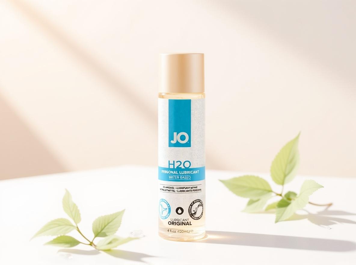 A bottle of JO H2O Original water-based lubricant standing upright in warm daylight on white paper with soft sage-green leaf sprigs and water droplets nearby, evoking gentle cleaning and safe care for silicone toys.