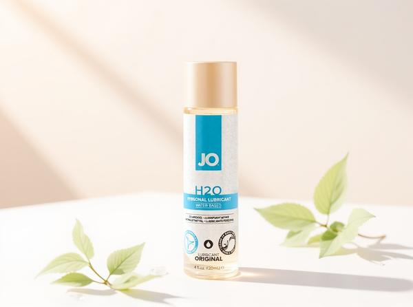 A bottle of JO H2O Original water-based lubricant standing upright in warm daylight on white paper with soft sage-green leaf sprigs and water droplets nearby, evoking gentle cleaning and safe care for silicone toys.