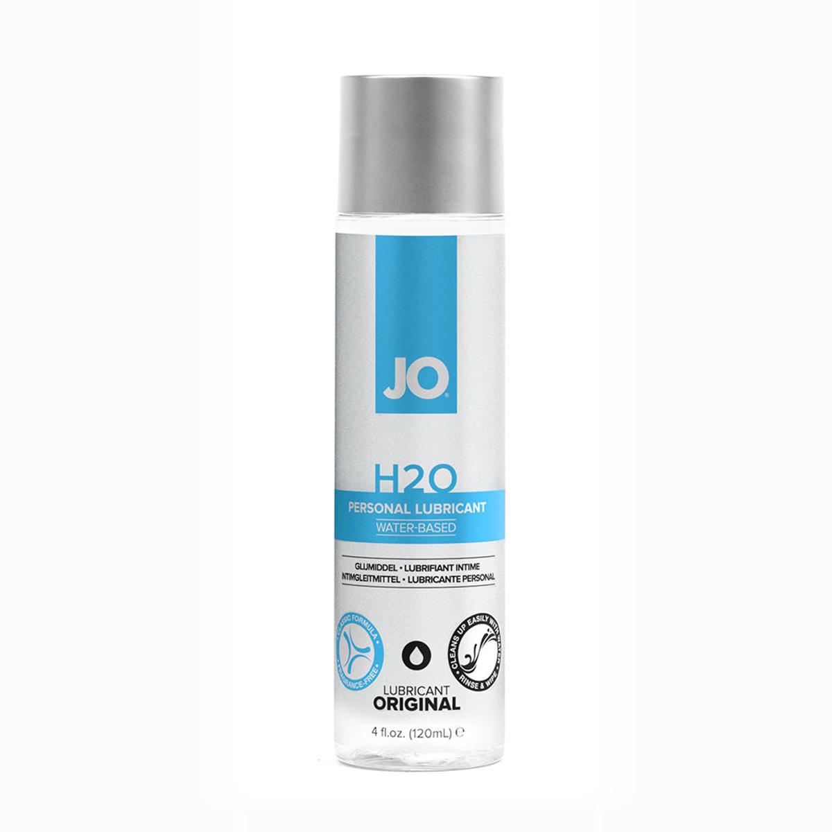 A bottle of JO H2O Original water-based personal lubricant, 4 fl oz, on a plain white background.