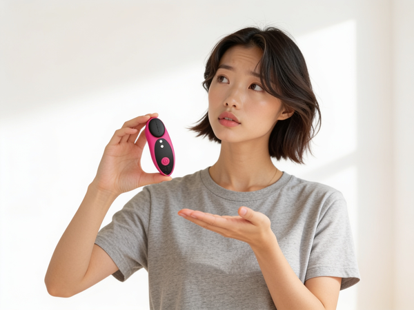 A woman with a short dark bob in a soft grey t-shirt holds a small hot pink and black Ferri Bluetooth remote controlled panty vibrator up in her fingertips, head tilted and brow raised, while her other hand is open beside her, asking whether this one will work for her hands, in bright window light