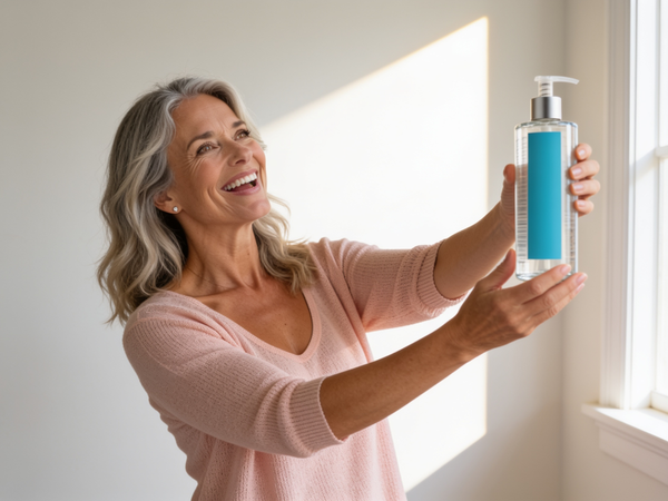 Vivian holds a bottle of Water-Based H2O Original Lubricant out at arm's length in both hands, mouth open on a word she's never said out loud before, laughing at her own nerve in a sunlit room.