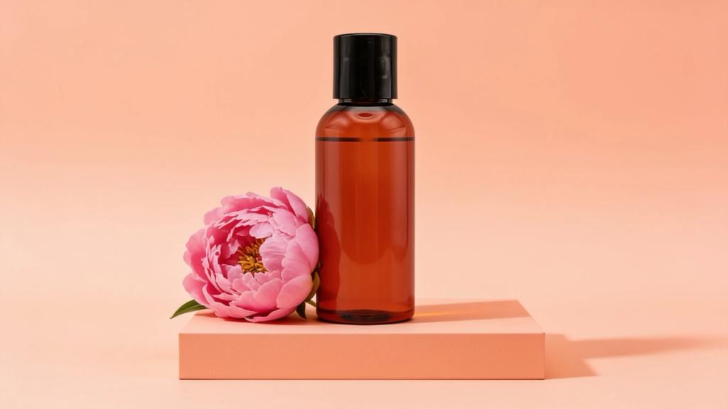 A bottle of Moon Bloom hybrid comfort glide standing on a pale coral backdrop beside a pink peony