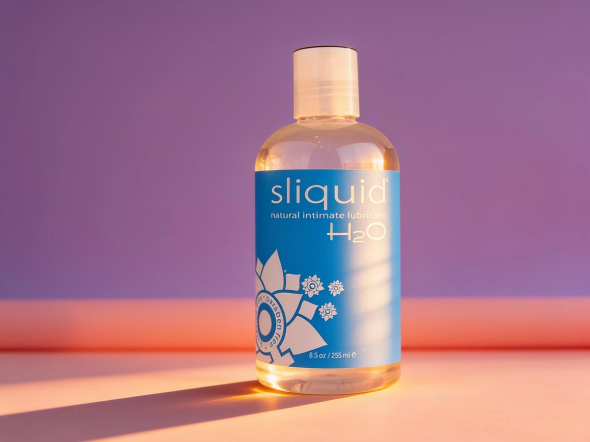 Sliquid Naturals H2O water-based intimate lubricant bottle, label facing out, in warm low sunlight against a plum and coral backdrop