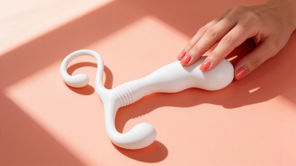 A hand with a coral manicure resting on a white curved prostate massager on a blush backdrop