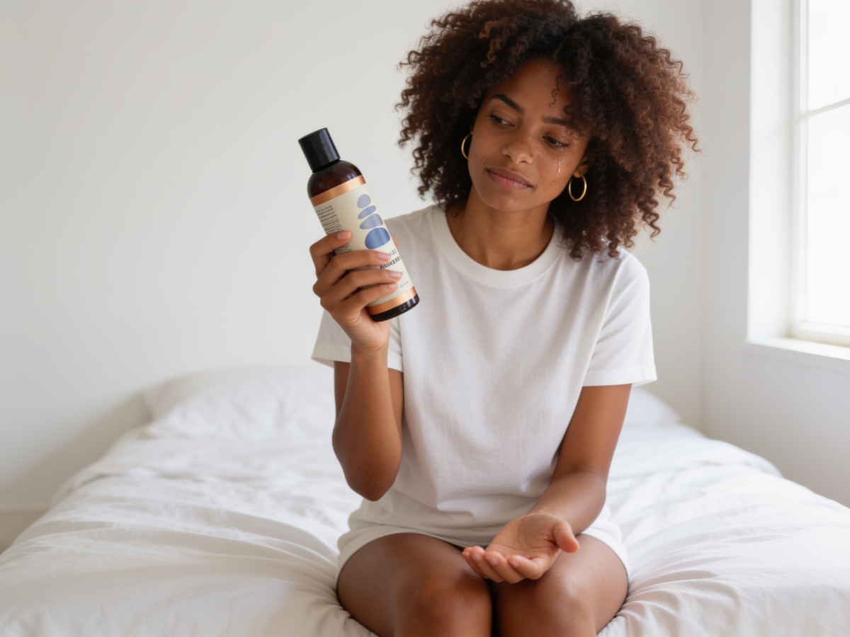 A woman in her 30s with natural curls and gold hoop earrings sits on the edge of a bright white bed, a tear track on her cheek, holding a bottle of Sliquid Massage Oil Unscented Natural Nut and Seed Blend 4.2oz up close in one hand with her other palm open and empty, quietly asking why sadness can follow sex, in soft window daylight