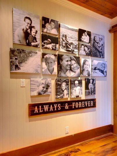 Different sized black and white family canvas photos on a gallery-style wall with an "Always & Forever" sign underneath