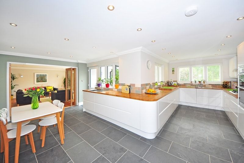 A bright kitchen with tiled flooring