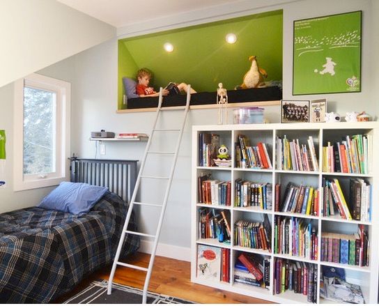 Kid's bedroom with bed, book shelf, and ladder to loft-style reading nook inset into the wall