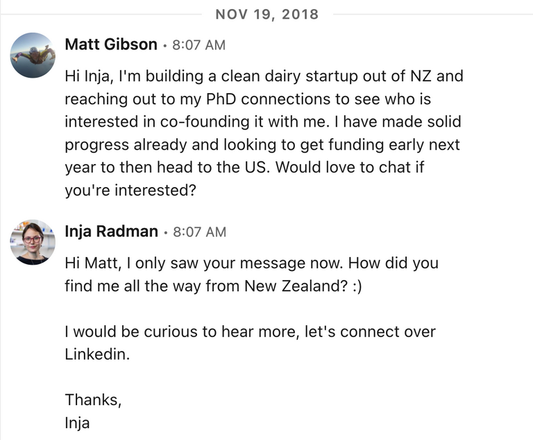 LinkedIn message between Matt and Inja