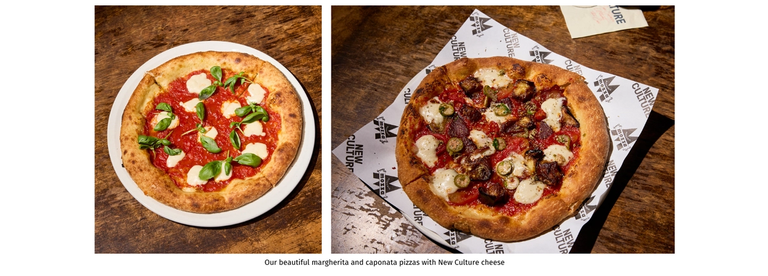 Our beautiful margherita and caponata pizzas with New Culture cheese