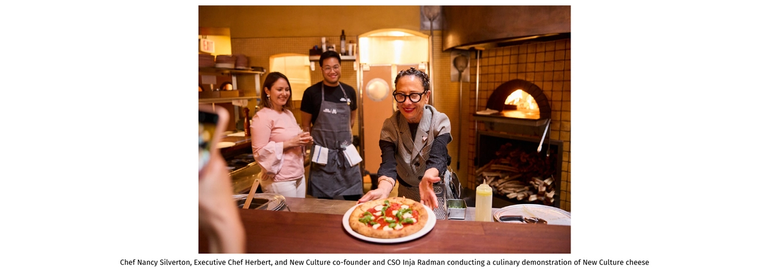 Chef Nancy Silverton, Executive Chef Herbert, and New Culture co-founder and CSO Inja Radman conducting a culinary demonstration of New Culture cheese