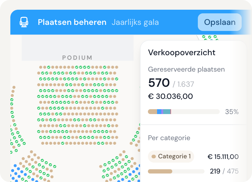 Zaalplan voor de organisator: plaatsen beheren en verkoop opvolgen