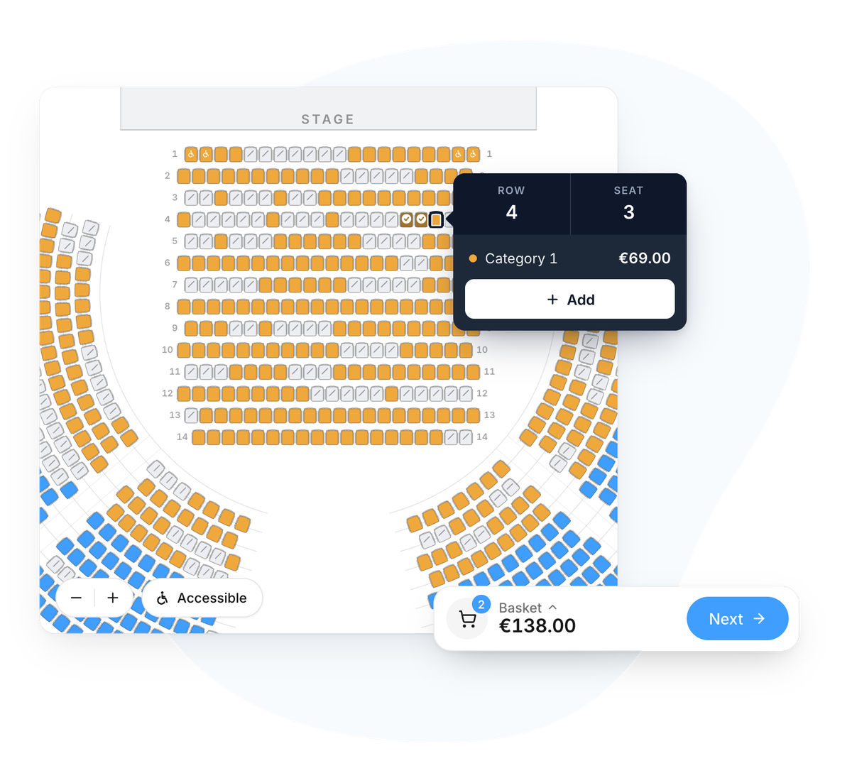 Interactive seating plan: choosing a seat, section price and basket