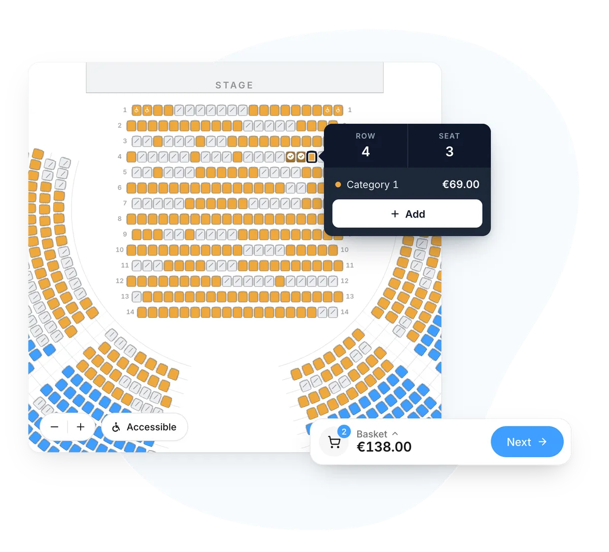 PassPass seating plan from the attendee's side: sections by category, booked seats greyed out, a €69 seat being chosen and the basket