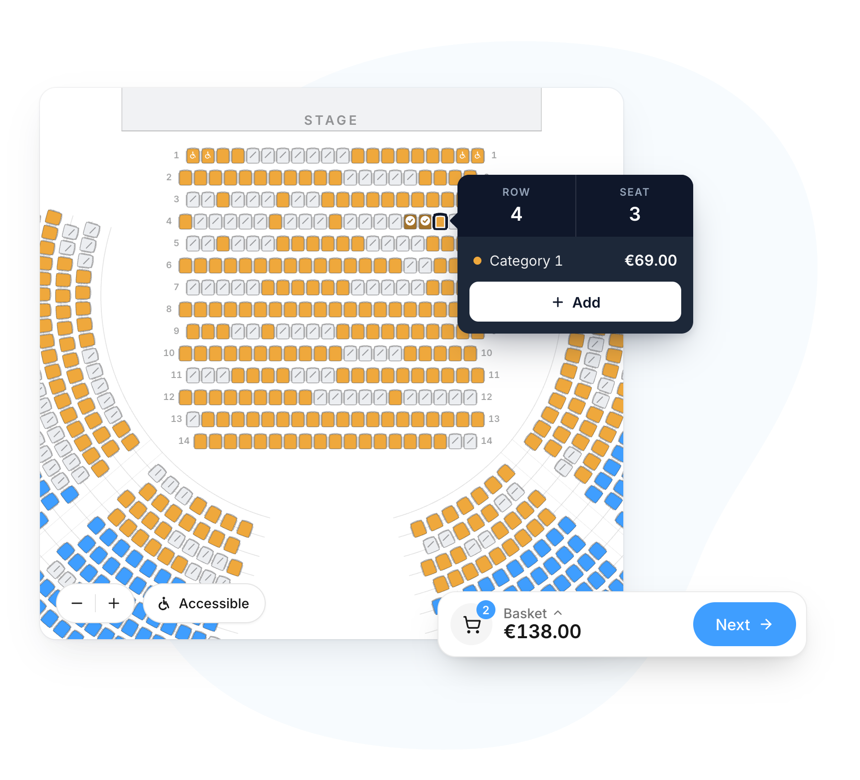 Interactive seating plan: choosing a seat, section price and basket