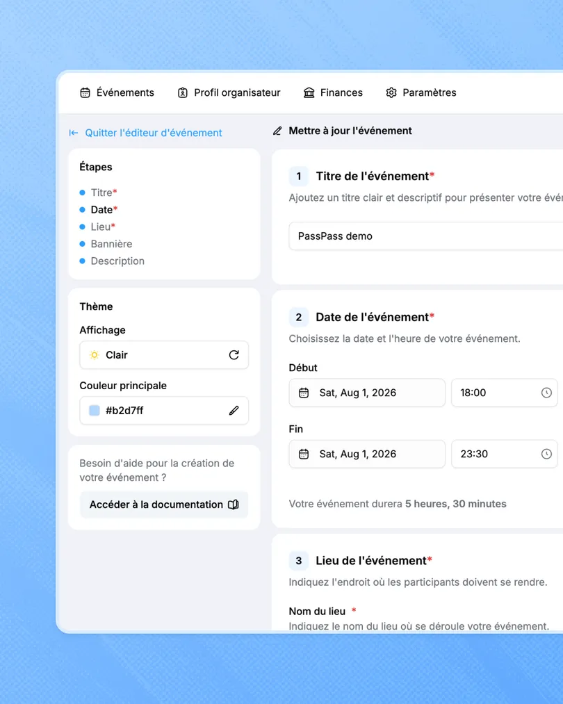 PassPass event editor: title, date, venue and sales page theme