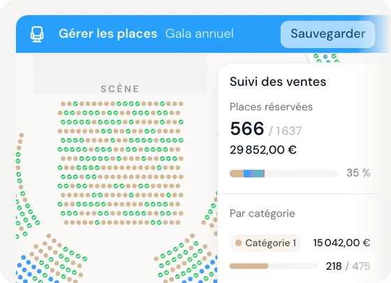 Plan de salle PassPass : places vendues cochées en vert et suivi des ventes par catégorie