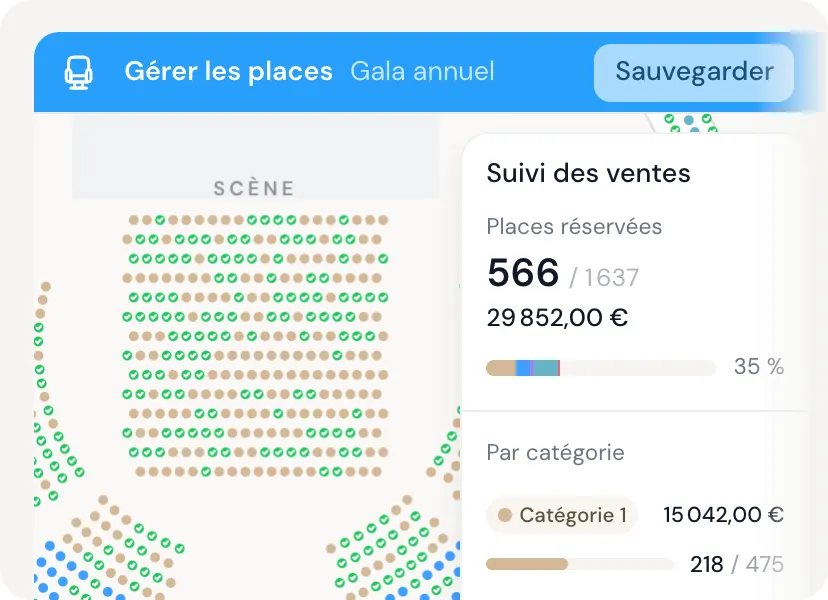 Plan de salle PassPass : places vendues cochées en vert et suivi des ventes par catégorie