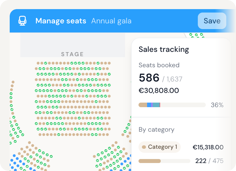 PassPass seating plan: sold seats ticked in green and sales tracking by category