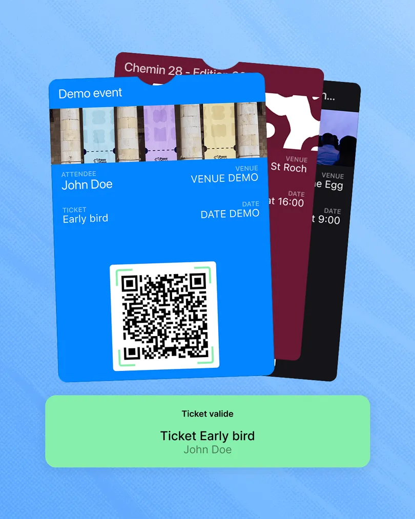 Mobile tickets with QR code and a “Ticket valid” check at the entrance