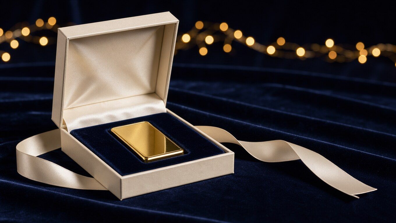 Un lingotto d'oro in una scatola regalo color avorio, su velluto blu