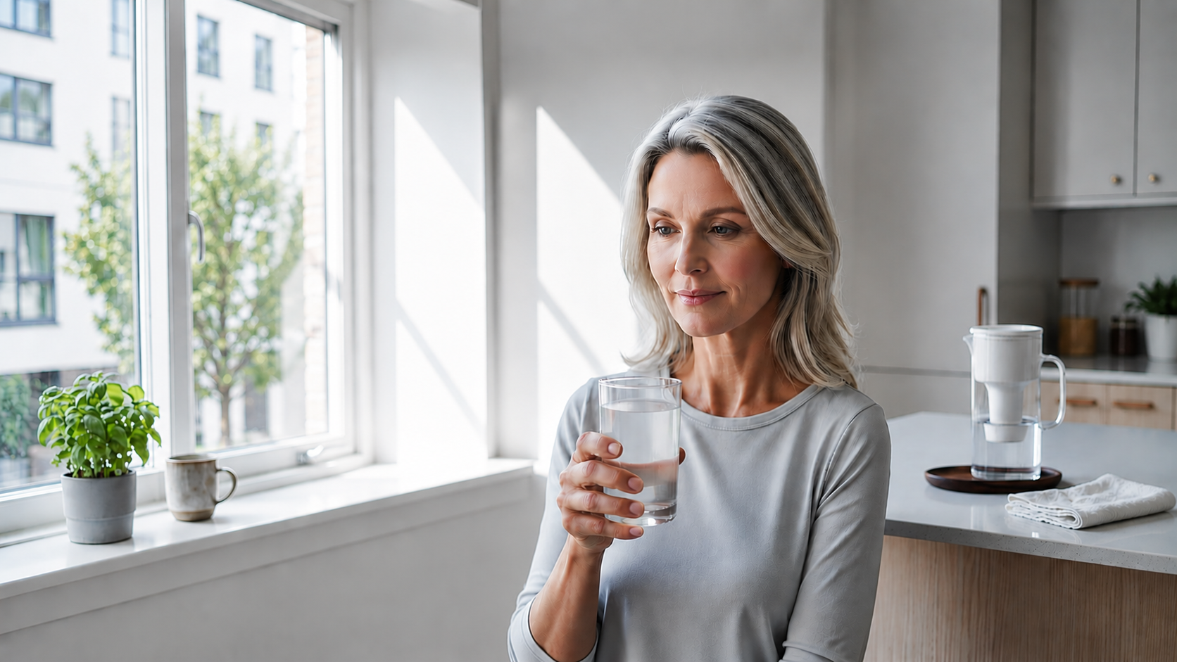 Person holding a crystal-clear glass in morning light