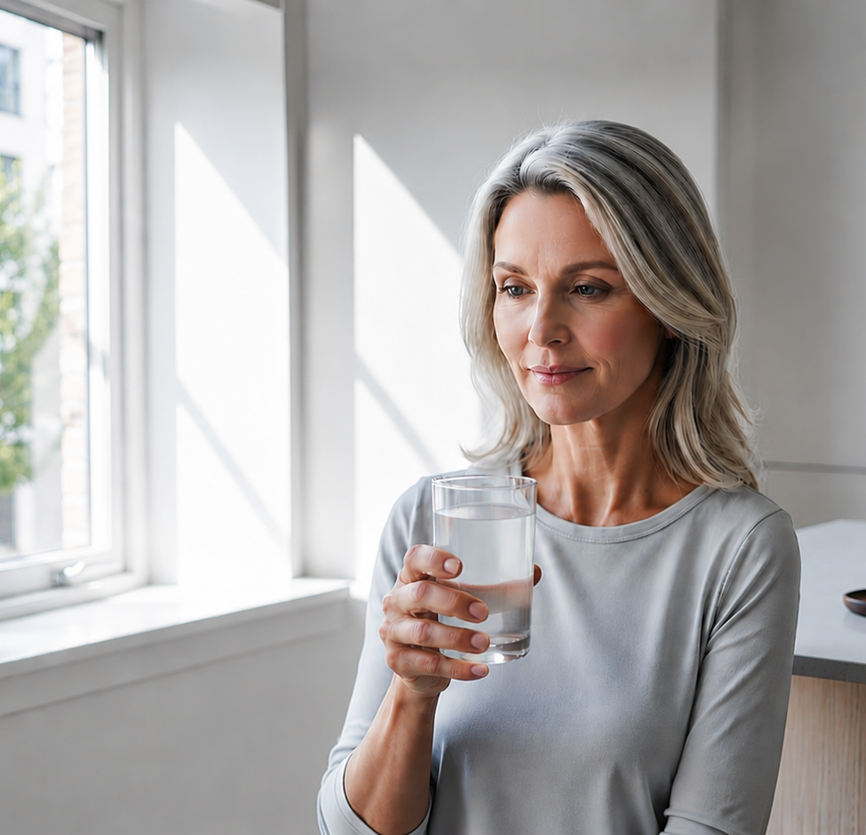 Person holding a crystal-clear glass in morning light