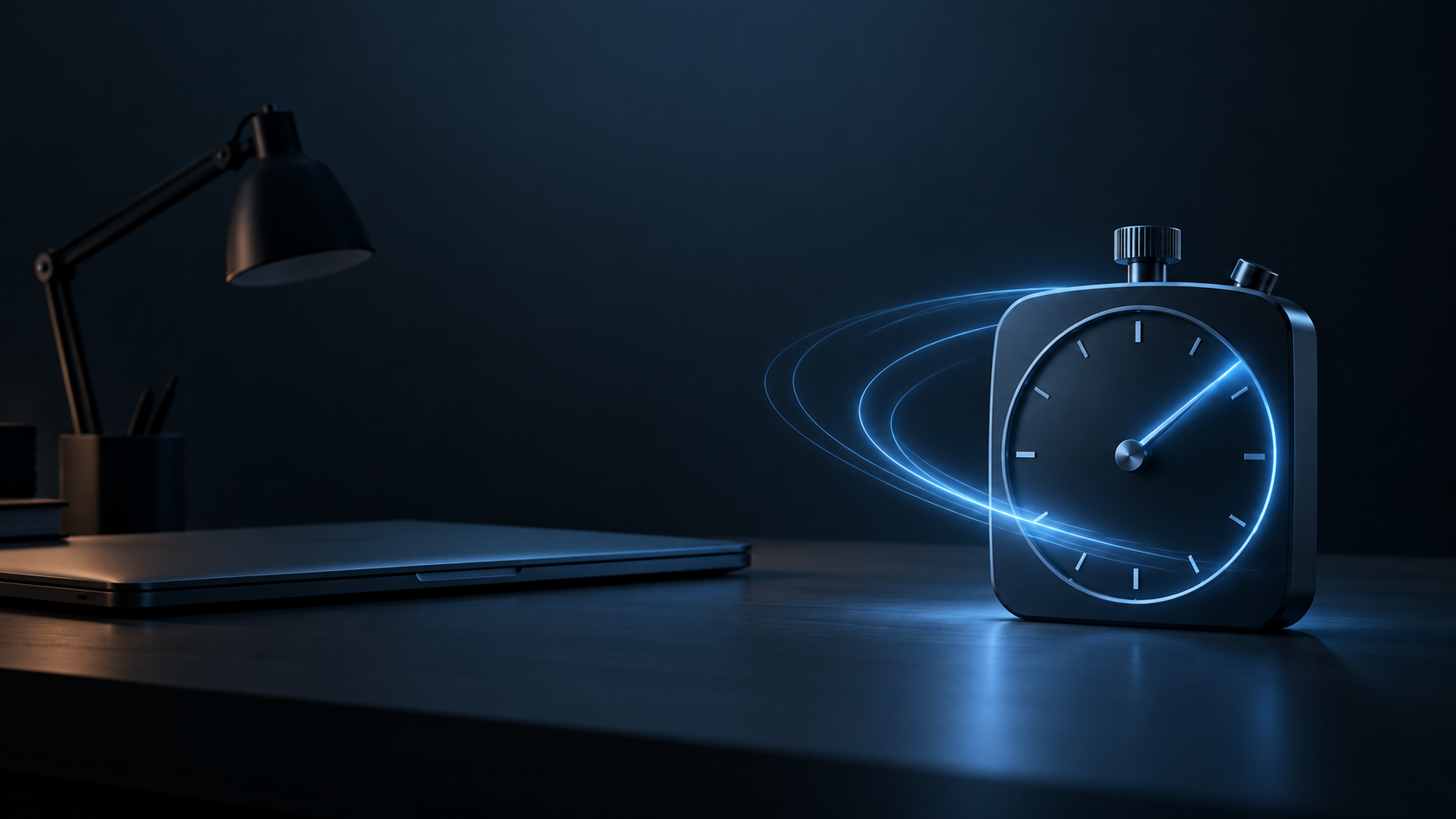 A steel-blue stopwatch left running on an empty desk at night, its sweep hand trailing a long arc of light across a dark charcoal background