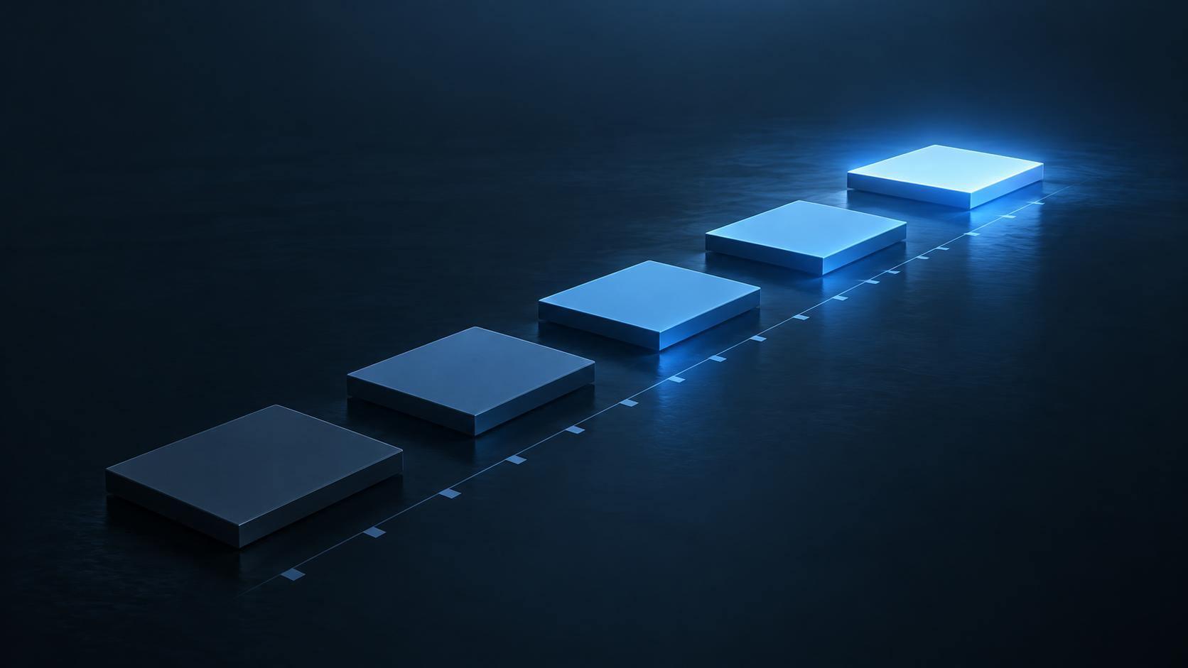 A set of square stepping stones in steel blue leading across a dark surface towards a single glowing square, each stone slightly brighter than the last