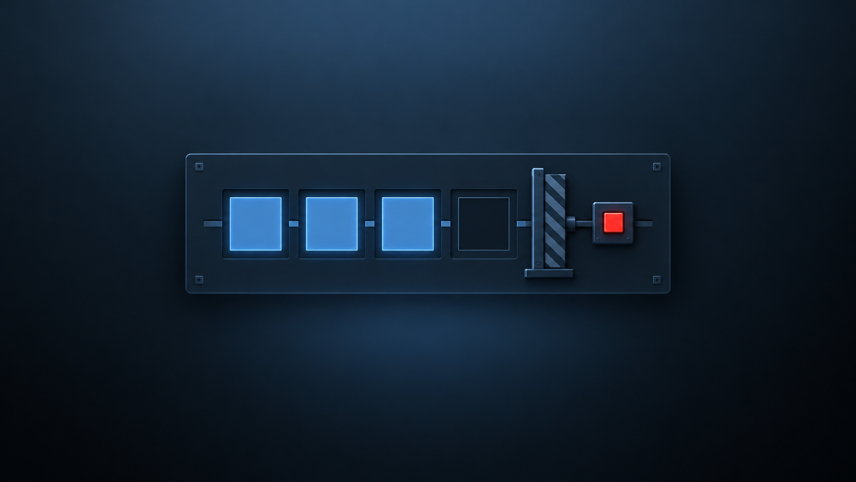 A row of four square slots on a dark panel, three filled with steel-blue blocks and one empty, beside a closed gate that opens only when every slot is filled