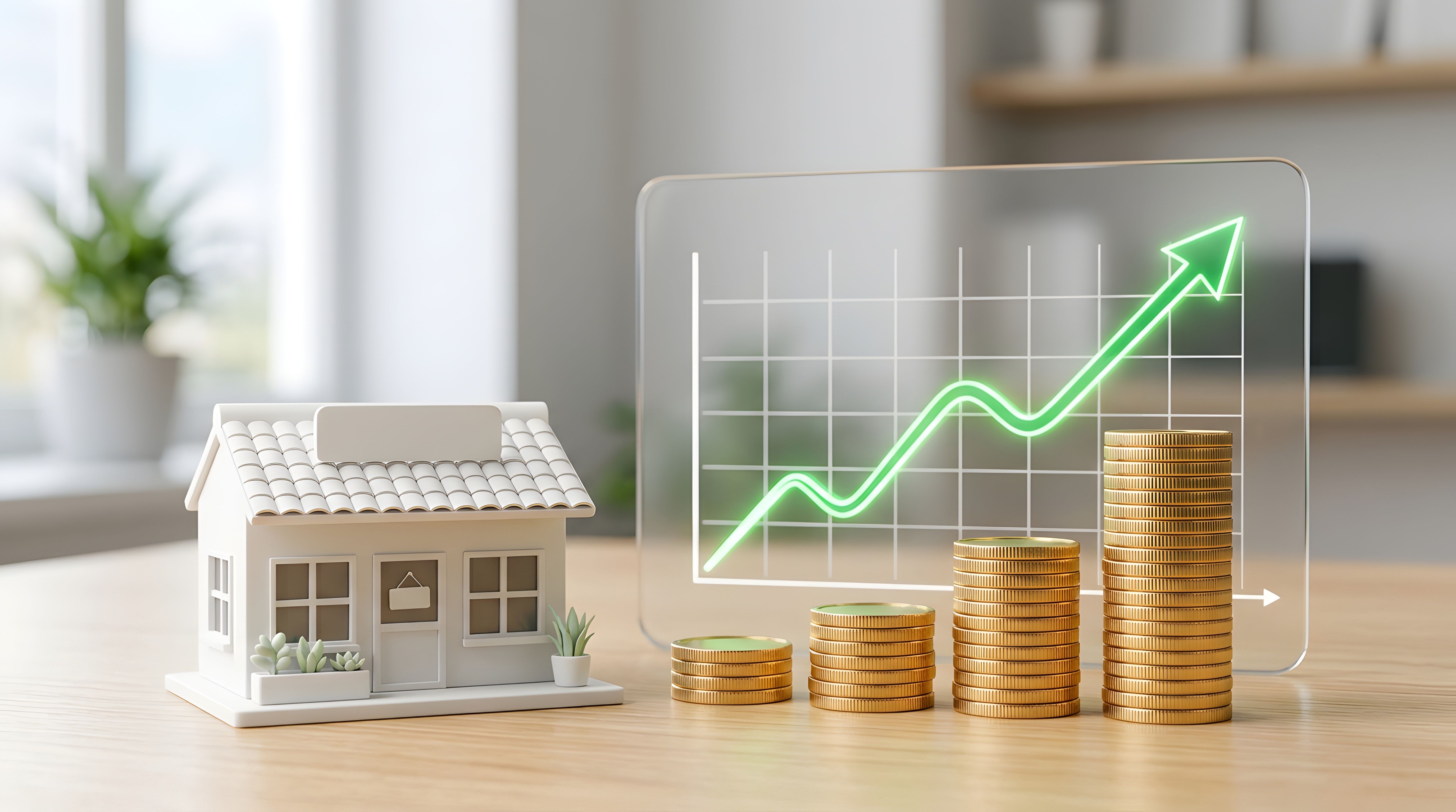 Model house beside rising stacks of coins and an upward graph, representing rent increases and rental property income for landlords.