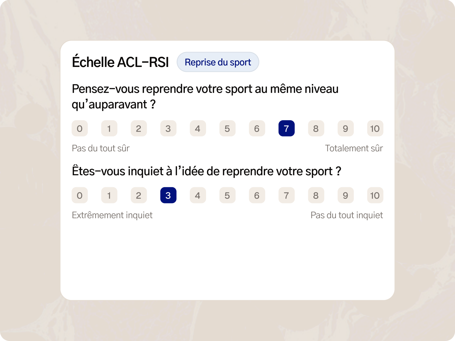 Écran d'une échelle dans l'application Fullphysio
