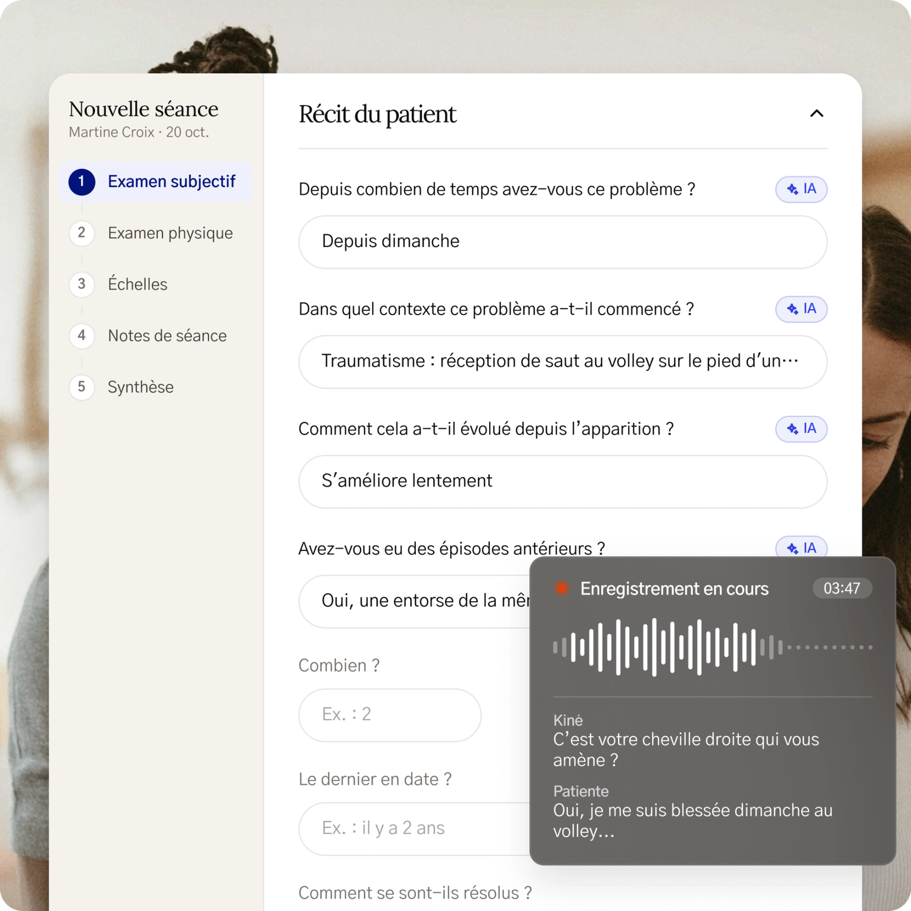 Écran de création de bilan dans l'application Fullphysio