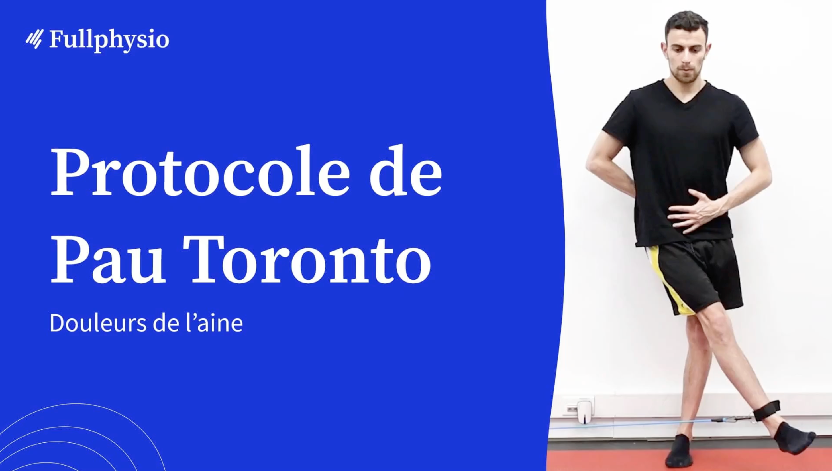 Protocole de Pau-Toronto, douleurs de l'aine : un homme debout en appui sur une jambe, une main sur le ventre, la cheville libre reliée à un élastique