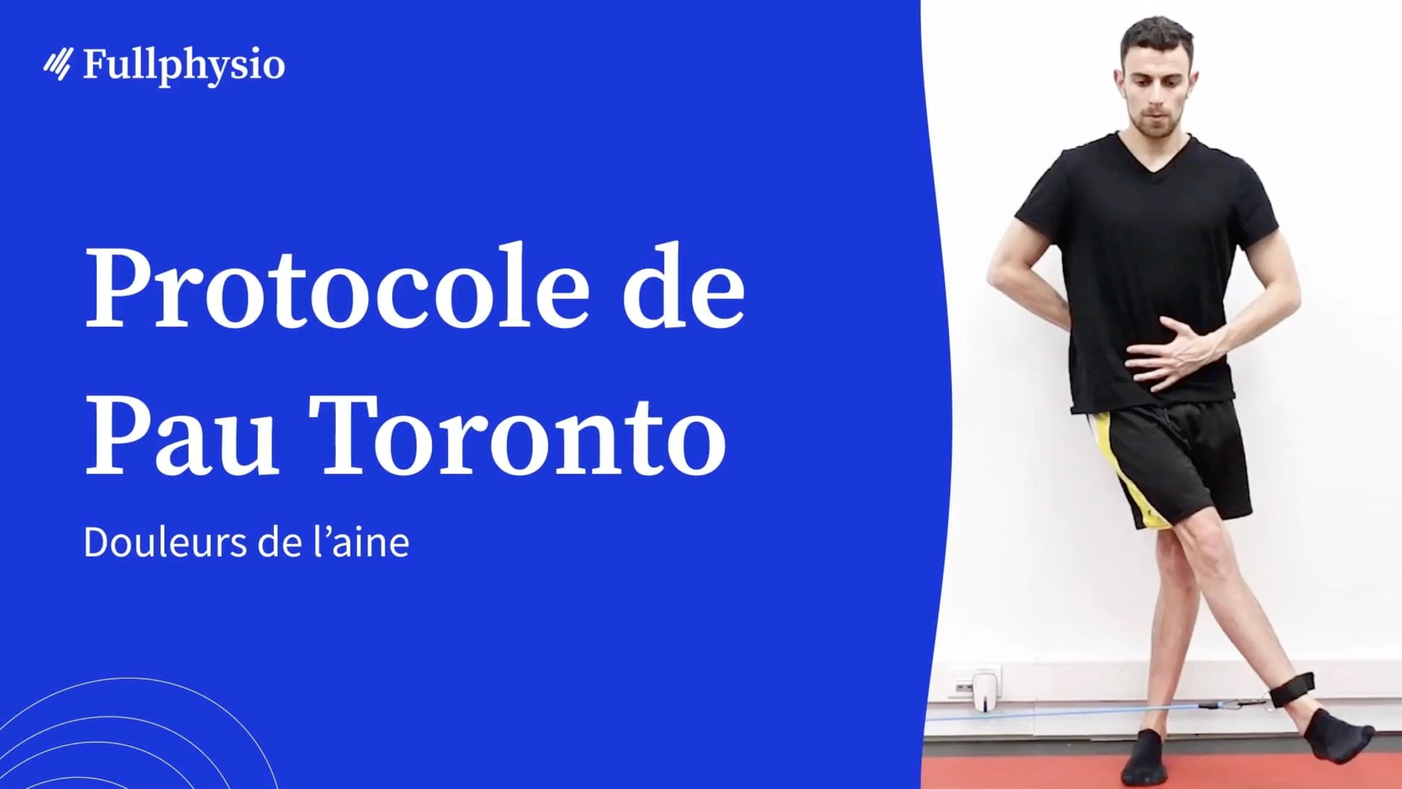 Protocole de Pau-Toronto, douleurs de l'aine : un homme debout en appui sur une jambe, une main sur le ventre, la cheville libre reliée à un élastique