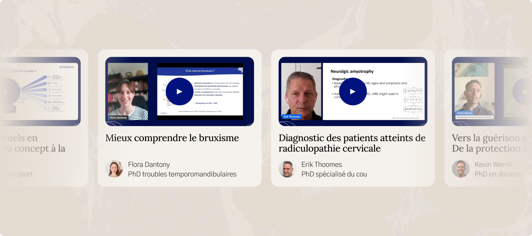 Écran d'une liste de masterclass dans l'application Fullphysio