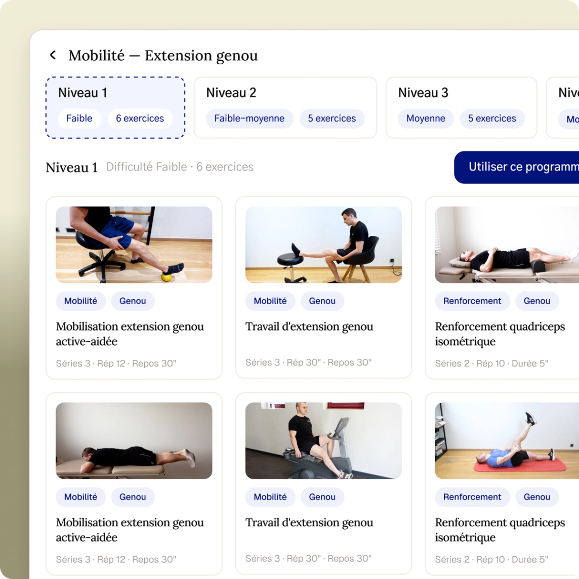 Écran de prescription d'exercices dans l'application Fullphysio